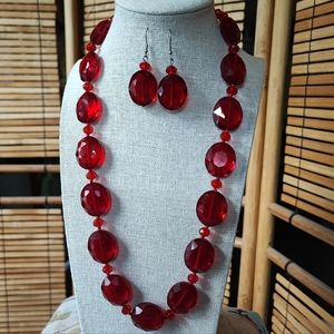Red Siam Glass Faceted Necklace and Earrings Silver Tone Lifesaver Clasp Heavy